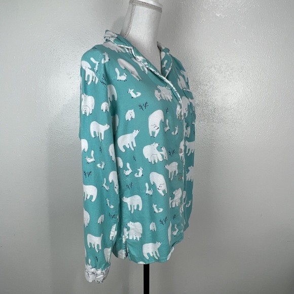 Munki Munki Pajama Top Women Small Sleep Button Up Long Sleeve Polar Bear Fleece - Picture 3 of 15